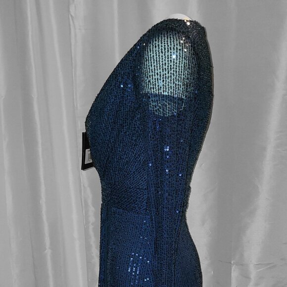NWT IEENA for Mac Duggal Womens Size 2 Navy Blue Sequin Long Sleeve Mesh Gown - Picture 7 of 13